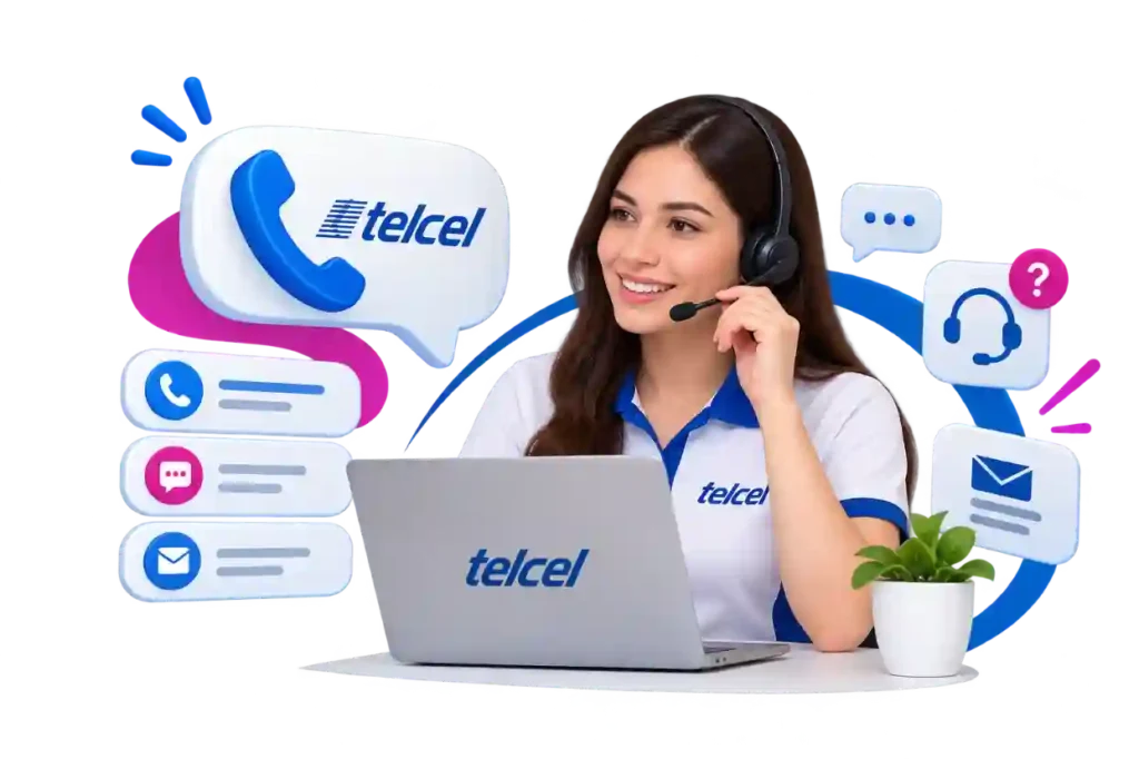 Asesora de atención a clientes Telcel con audífonos y opciones de contacto por teléfono, chat y correo Asesora de atención a clientes Telcel con audífonos y opciones de contacto por teléfono, chat y correo
