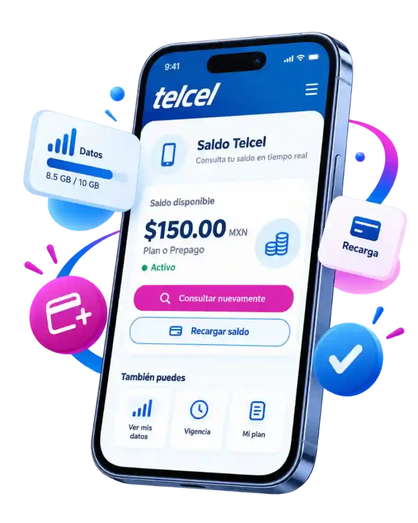 Celular mostrando consulta de saldo Telcel disponible para líneas de plan y prepago Celular mostrando consulta de saldo Telcel disponible para líneas de plan y prepago