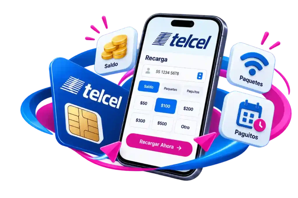 Celular mostrando recargas Telcel en línea para saldo, paquetes de internet y Paguitos Celular mostrando recargas Telcel en línea para saldo, paquetes de internet y Paguitos